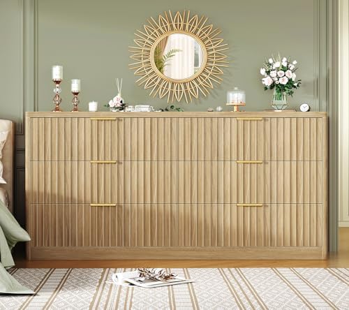 TEENFON 56.3'' Dresser for Bedroom with 6 Drawers, Dressers & Chest of Drawers with Curved Profile Design, 6 Drawer Dresser, Fluted Dressers, Wood Dressers for Bedroom, Living Room, Natural