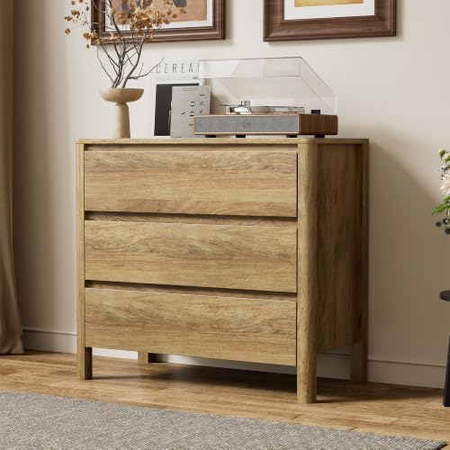 Furniway 31.5" Wide 3 Drawer Wood Dresser for Bedroom, Natural Oak