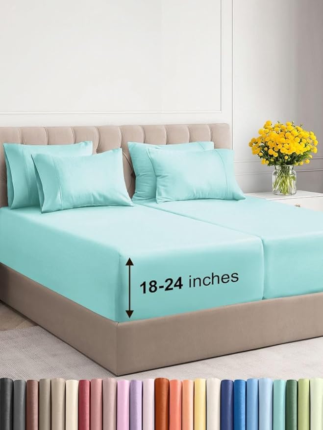 Extra Deep Split King Sheet Set - 7 Piece Breathable and Cooling Sheets - Hotel Luxury Bed Sheets Set - Easy Fit - Soft, Wrinkle Free and Comfy Sheets Set - Spa Blue Sheet Set with Extra Deep Pockets