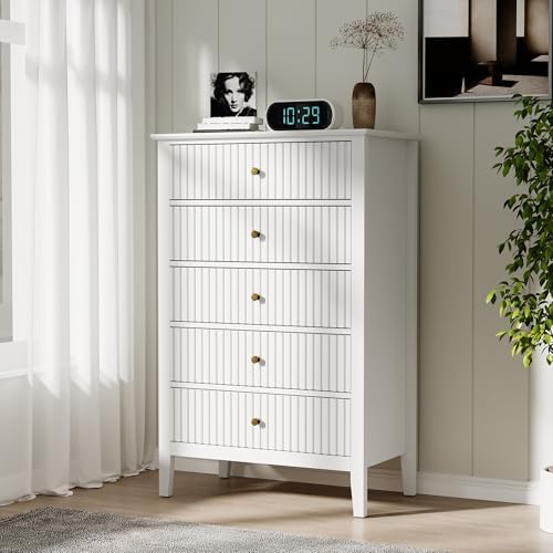 RoyalCraft White Fluted 5 Drawer Dresser for Bedroom, Tall Chest of Drawers, Waterproof Lacquered Desktop,Modern Wood Storage Cabinet for Living Room
