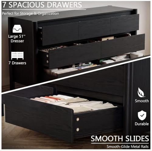 HOUROM Black Dresser for Bedroom,51" Wide 7 Drawer Mid Century Modern Chest