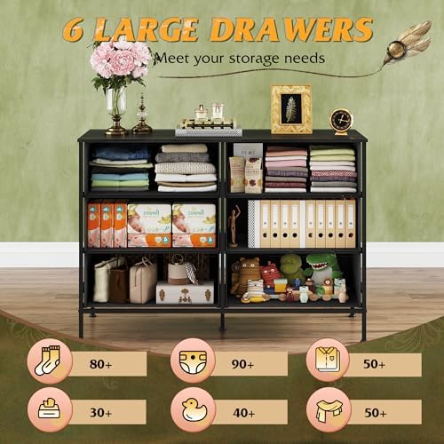 WLIVE Dresser for Bedroom with 6 Drawers, Charcoal Black Wood Grain Print