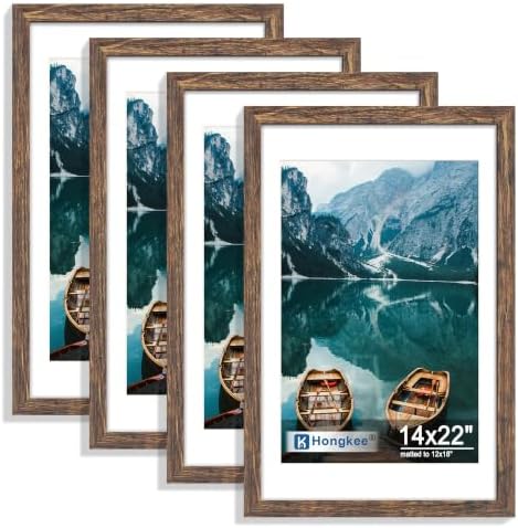 Hongkee 14x22 Picture Frame Set of 4, 14 x 22 Rustic Brown Wood(Mat 12x18)