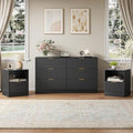6 Drawer Dresser & 1-Drawer Nightstand Set 3-Piece, Black丨55 Wide Bedroom Set Night Stand Set of 2 with Metal Handle, Fluted Wood Chest of Drawers Storage Dressers Set for Bedroom