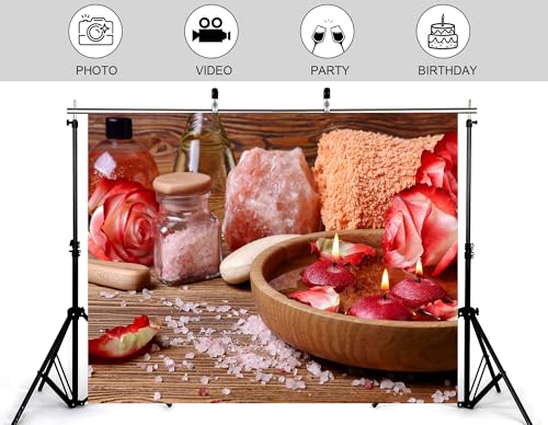 4x4ft Rose Petal Spa Backdrop with Pink Bath Bombs and Red Candles Photography Background for Skincare Relaxation and Romantic Party Decorations Banner Photo Booth Props - size: 4x4ft