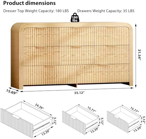 Ieejdn 55.12" Modern Chest of Drawer, 8 Deep Drawers,Clothes Organizer,Large Storage Cabinet for Living Room, Bedroom,Dresser TV Stand, Wood Drawer Organizer for Living Room, Hallway, Oak