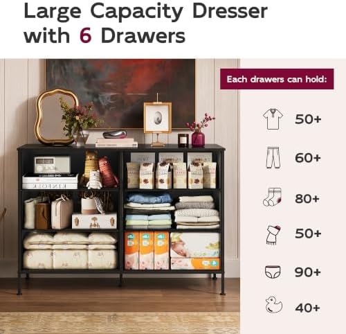 WLIVE Black Fabric Dresser for Bedroom, 6 Drawer Dressers, Chest of Drawers