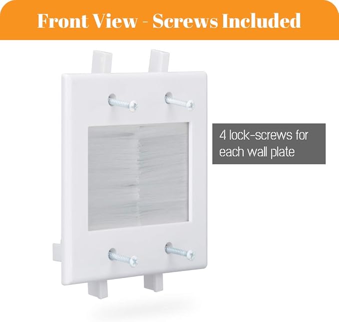 2 Gang Brush Wall Plate, White 2-Gang Wall Plate with Low Voltage Mounting Bracket for Cable Pass Through (Pack of 4)