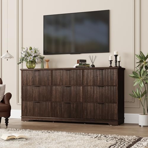 Fluted 9 Drawers Dresser for Bedroom, 63" Wood Dresser with Power Outlet and Deep Drawers, Wide Chest of Drawers, Modern Closet Dressers for Living Room, Upgraded Version with Wooden Drawers, Brown