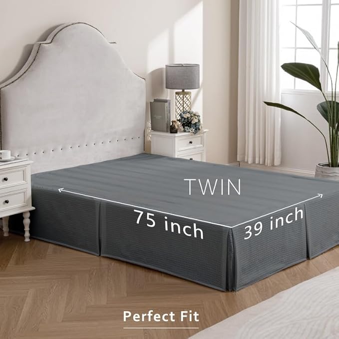 MIYE Pleated Waffle Weave Bed Skirt, Tailored Dust Ruffle 14 Inch Drop Easy Fit, Machine Washable (Dark Grey, Twin - 14" Drop)