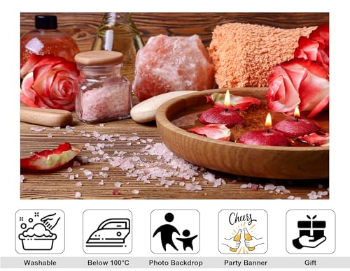 4x4ft Rose Petal Spa Backdrop with Pink Bath Bombs and Red Candles Photography Background for Skincare Relaxation and Romantic Party Decorations Banner Photo Booth Props - size: 4x4ft