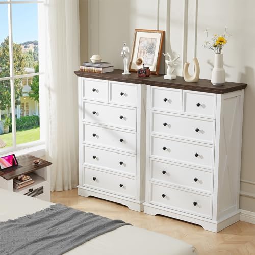 Farmhouse 6 Drawers Dresser Chests for Bedroom, White 6 Chest of Drawers