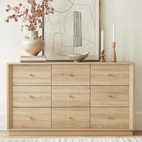 FORTUNETEC 55" Wide 9 Drawer Dresser for Bedroom, Oak