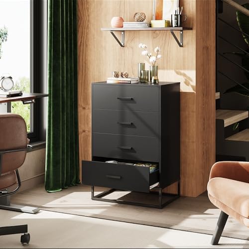 WLIVE Black Dresser for Bedroom with 4 Drawers, Tall Dresser with Sturdy Metal Frame, Wood Chest of Drawers for Closet, Living Room, Hallway