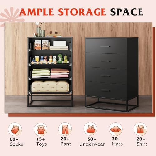 WLIVE Black Dresser for Bedroom with 4 Drawers, Tall Dresser with Sturdy Metal Frame, Wood Chest of Drawers for Closet, Living Room, Hallway