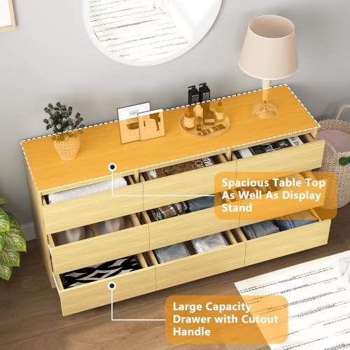 Vibe & Dine 9 Drawer Dresser, 59.1" Long Dresser for Bedroom Free Handle, Modern Wooden Chest of Drawers with Wide Storage for Living Room, Natural Wood
