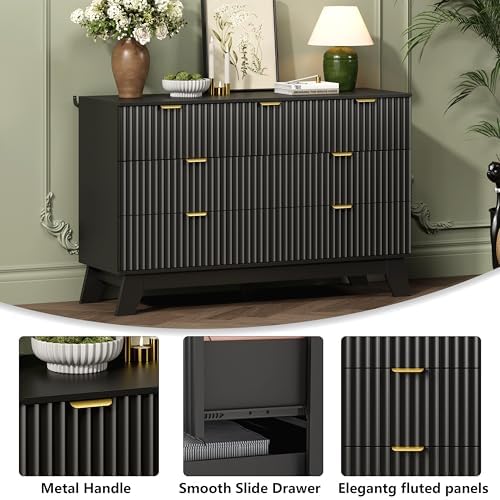 Wodeer 7 Drawer Fluted Dresser for Bedroom, Mid Century Modern Dresser with 7 Drawers, Dressers & Chests of Drawers with Metal Handle, TV Stand & Storage Organizer for Entryway, Hallway, Black
