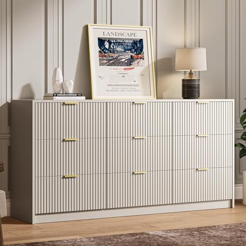 MAISONARIA Beige 9 Drawer Dresser for Bedroom, 63" Wide Modern Fluted Dresser with Gold Metal Handles, Chest of Drawers for Bedroom, Living Room, Entryway, Hallway