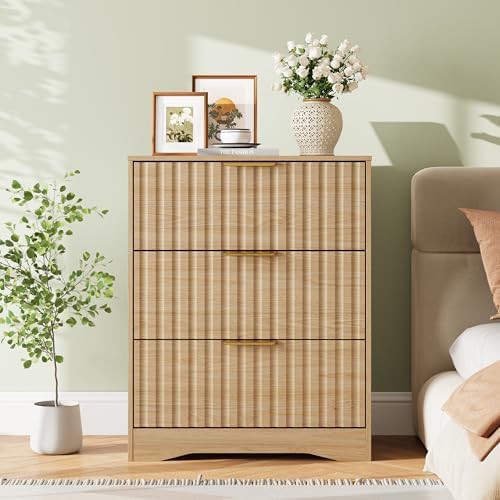Fluted 3 Drawer Dresser for Bedroom, 30" Tall Modern Dressers, Natural Oak