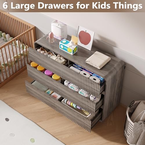 BORNOON Dresser for Bedroom with 6 Drawers, Fluted Chest of Drawers with Round Curved Corner, Hidden Handles, Modern Wood Storage Organizer for Bedroom, Nursery, Living Room