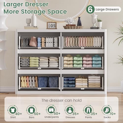 Standifurno White Fluted Dresser for Bedroom with 6 Drawers, 48" Wide Modern Curved Chest of Drawers, Wooden Dresser TV Stand, Wood Closet Clothes Storage Organizer for Living Room
