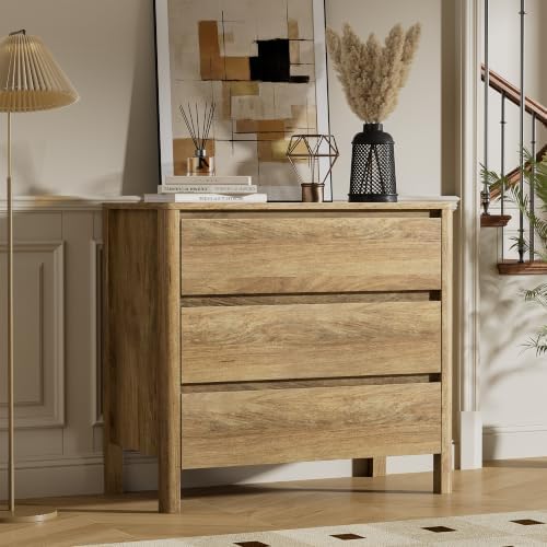 Furniway 31.5" Wide 3 Drawer Wood Dresser for Bedroom, Natural Oak