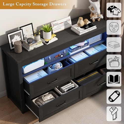Wodeer Black Dresser for Bedroom, Wood 4 Drawer Dresser with LED Light, Dressers & Chests of Drawers with Metal Handles, Storage and Organization for Bedroom, Hallway, Entryway