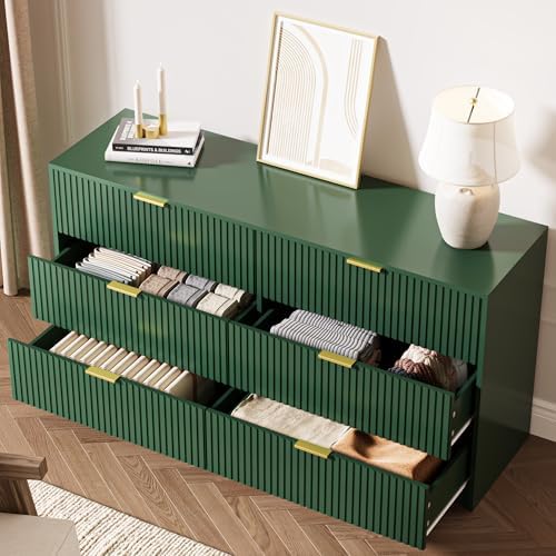 MAISONARIA Green 6 Drawer Dresser for Bedroom, 55" Wide Modern Chest of Drawers with Gold Metal Handles, Fluted Wood TV Stand for Living Room, Hallway