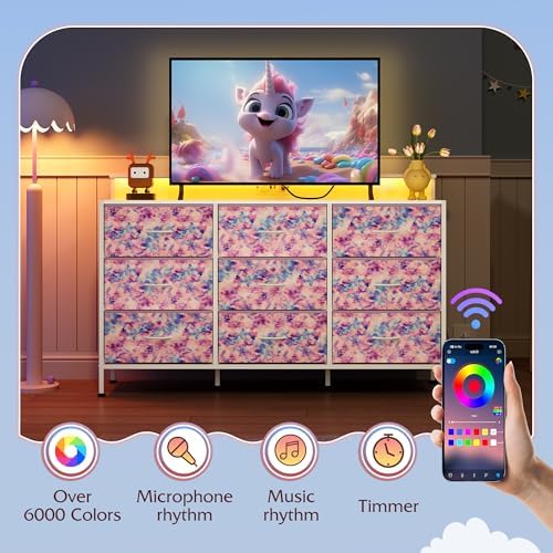 WLIVE Dresser TV Stand 9 Drawers, Fabric Chest LED Lights, Tie-dye