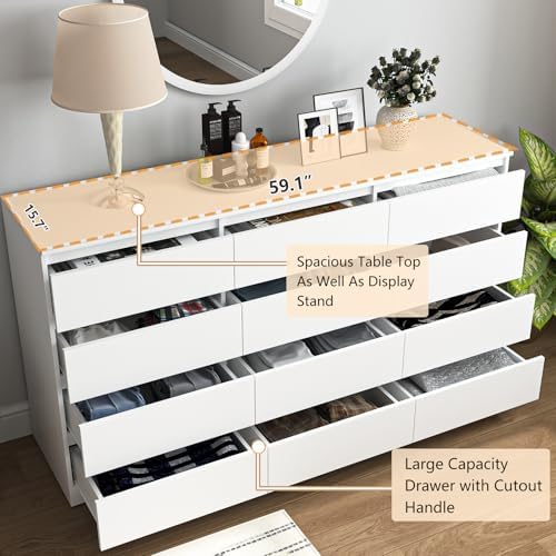 Vibe & Dine 12 Drawer Dresser, 59.1" Large Dresser for Bedroom Free Handle, Modern Wooden Chest of Drawers with Wide Storage for Living Room, White