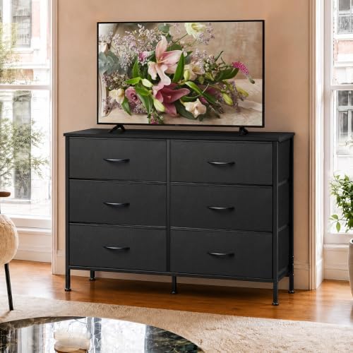 WLIVE Black Fabric Dresser for Bedroom, 6 Drawer Dressers, Chest of Drawers