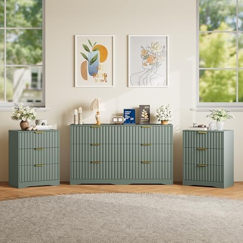 6 Drawer Dresser and Nightstand Sets for Bedroom, Modern Fluted 3 Pcs Bedroom Dresser Furniture Sets, Wood Chest of Drawers and Nightstand Set of 2 with Metal Handles, Green