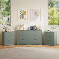 6 Drawer Dresser and Nightstand Sets for Bedroom, Modern Fluted 3 Pcs Bedroom Dresser Furniture Sets, Wood Chest of Drawers and Nightstand Set of 2 with Metal Handles, Green