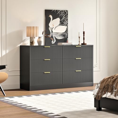 6 Drawers Fluted Dresser for Bedroom, 55" Wide Wooden Dresser with Deep Drawers, Large Floor Chest of Drawers, Modern Long TV Stand, Storage Cabinet Side Table, Black