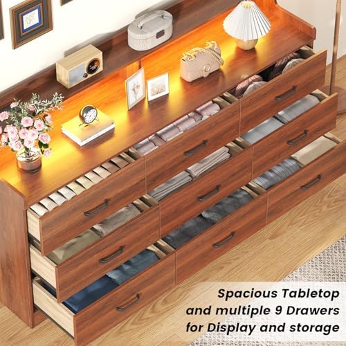 Bigbiglife 9 Drawer Dresser with Built in Power Outlet and LED Light, Modern Chest of Drawers for Bedroom, Triple Wide Drawer Organizer Cabinet for Living Room, Entryway, Hallway, Walnut Brown