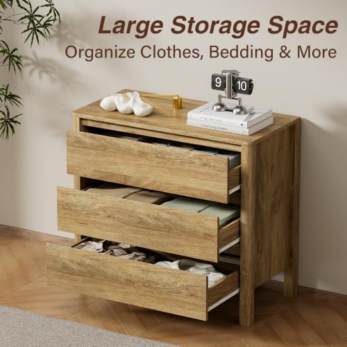 Furniway 31.5" Wide 3 Drawer Wood Dresser for Bedroom, Natural Oak