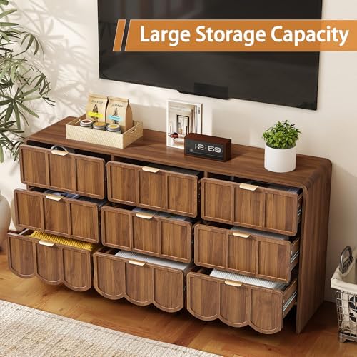 ORRD 9 Drawer Dresser for Bedroom, Modern Closet Chest of Drawers with Wave Fluted Drawer, Wood Storage Small Dresser Organizer for Nursery Bedroom Living Room Hallway Closet (Walnut)