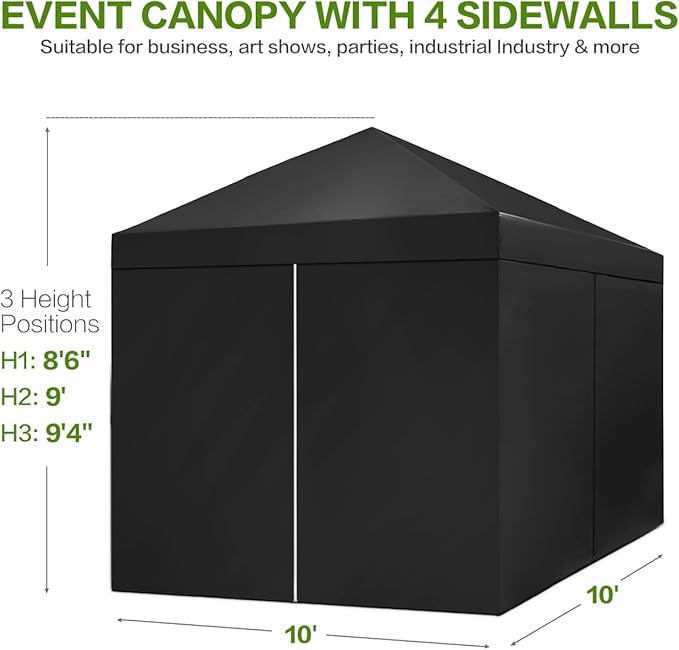 Tunbne 10X10 Comercial Pop Up Canopy Tent with 4 Sidewalls and 6 Pockets, One Push Setup Center Lock, for Beach Patio Outdoor, Case, 8 Stakes, 4 Ropes, 4 Sandbags (Pitch Black)