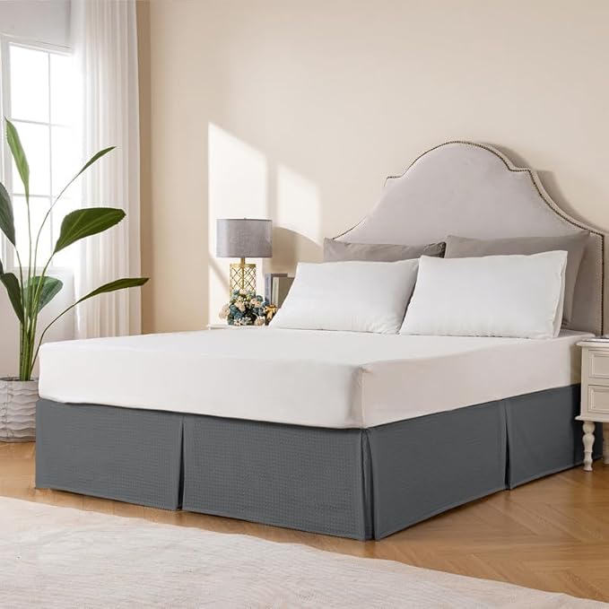 MIYE Pleated Waffle Weave Bed Skirt, Tailored Dust Ruffle 14 Inch Drop Easy Fit, Machine Washable (Dark Grey, Twin - 14" Drop)