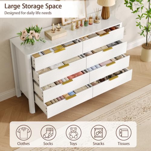 Fluted 8 Drawer Dresser, 47" High Gloss Dresser for Bedroom, White