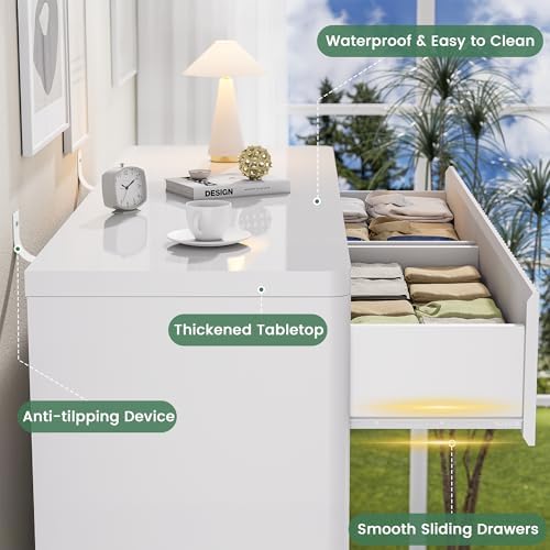 Standifurno White Fluted Dresser for Bedroom with 6 Drawers, 48" Wide Modern Curved Chest of Drawers, Wooden Dresser TV Stand, Wood Closet Clothes Storage Organizer for Living Room