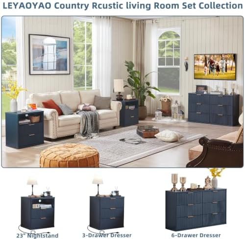 LEYAOYAO Fluted Nightstand with Charging Station, 23" Modern Night Stand with Woodgrain Top, 2 Drawer End Table w/Storage, Bedside Tables for Bedroom, Living Room, Curved Profile Design, Blue