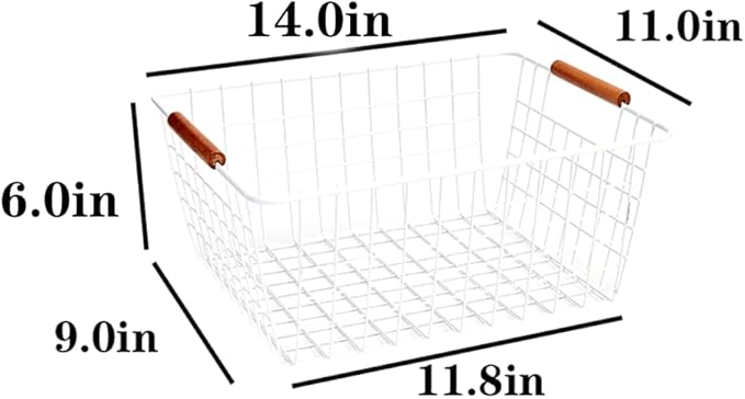 LeleCAT Large white wire baskets with Wooden Handles for storage pantry, Storage Organizer Baskets, Household Refrigerator for Cabinets, Closets, Bedrooms, kitchen - Set of 2（White）