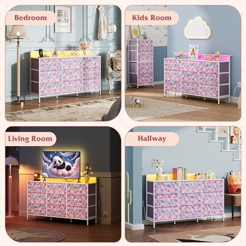 WLIVE Dresser TV Stand 9 Drawers, Fabric Chest LED Lights, Tie-dye