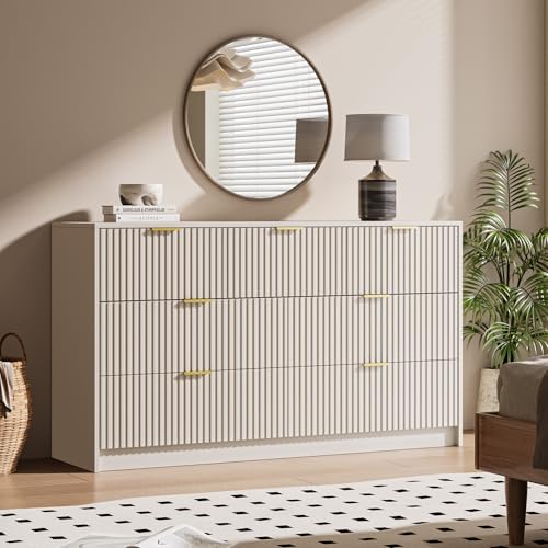MAISONARIA Beige 7 Drawer Dresser for Bedroom, 55.9" Wide Modern Fluted Dresser with Gold Metal Handles, Wide Chest of Drawers for Bedroom, Living Room, Entryway, Hallway