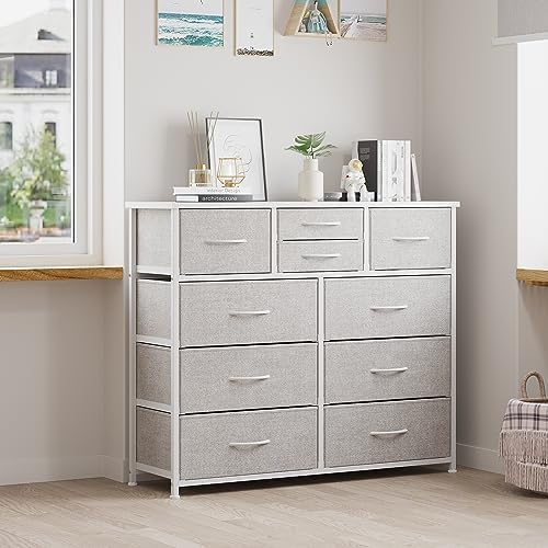 LUMTOK 10 Drawers Dresser with Fabric Bins for Bedroom,Closets，Light Gray