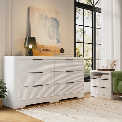 Fluted 6 Drawer Wood Dresser,Farmhouse Chest for Bedroom Entryway,White Oak
