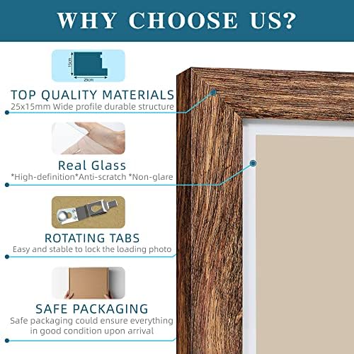 Hongkee 10x10 Picture Frame Set of 4, Made of Glass and Rustic Brown Wooden Frame - Display Picture 8x8 with Mat or 10 x 10 Without Mat, 10 by 10 Photo for Wall or Tabletop