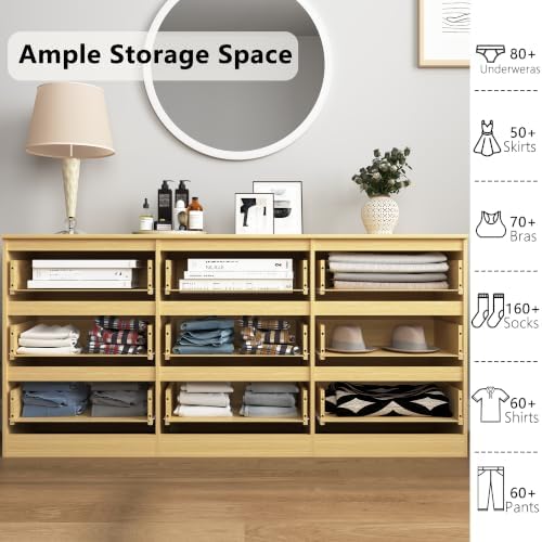 Vibe & Dine 9 Drawer Dresser, 59.1" Long Dresser for Bedroom Free Handle, Modern Wooden Chest of Drawers with Wide Storage for Living Room, Natural Wood