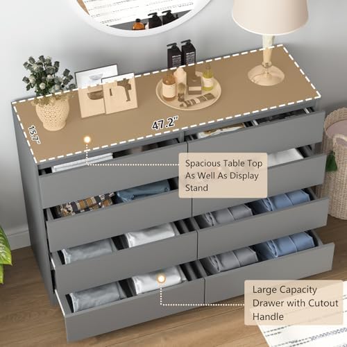 Vibe & Dine 8 Drawer Double Dresser, Modern Chest of Drawers with Wide Storage for Closet, Bedroom, Living Room, Grey